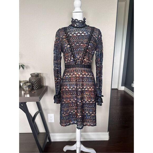 NEW Saloni Rio Velvet Trimmed Corded Lace Multicolored Dress perfect for holiday - Picture 2 of 12